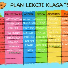 Kolorowy plan lekcji dla klasy 5 z przedmiotami i godzinami.