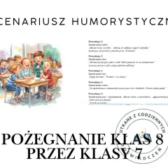 Wesołe pożegnanie klas 8 scenariusz: dzieci śmieją się na lekcji, przygotowując się do humorystycznego przedstawienia.