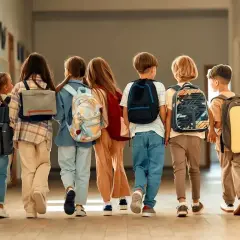 Grupa dzieci z plecakami idzie szkolnym korytarzem.