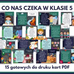 Ilustracja przedstawia kolaż z 15 kart edukacyjnych z numerami, ilustracjami i krótkimi opisami tematów lekcji w 5 klasie.