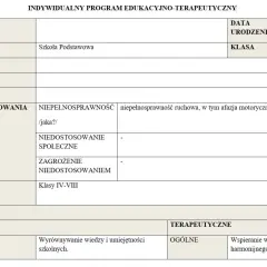 Dokument IPET: indywidualny program edukacyjno-terapeutyczny dla ucznia z niepełnosprawnością ruchową i afazją motoryczną.