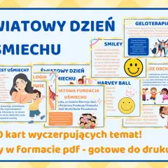 Ilustracja z tekstem "Światowy Dzień Uśmiechu" i grafikami przedstawiającymi uśmiechnięte osoby i symbole uśmiechu.