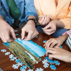 Wspólne układanie puzzli to świetne pomysły na zajęcia z seniorami. Radość z tworzenia obrazu z kawałków.