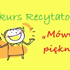 Radosny rysunek dziecka z książką zapowiada konkurs recytatorski dla dzieci "Mówię pięknie".