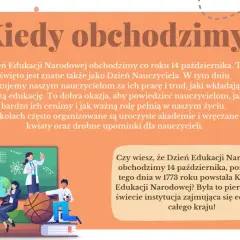 Ilustracja z okazji Dnia Edukacji Narodowej: uczniowie i nauczyciele przy tablicy z wzorami naukowymi, globusem i piłką.