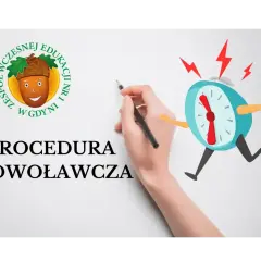 Ręka pisze ołówkiem tekst "PROCEDURA ODWOŁAWCZA" obok biegnącego, zdenerwowanego budzika.