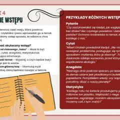 Ręka pisząca w zeszycie, obok tekstu o pisaniu wstępów i przykładów.
