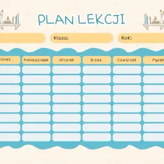 Ilustracja pustego planu lekcji z polami na imię, klasę, rok oraz dni tygodnia od poniedziałku do piątku.