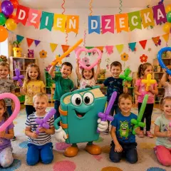Dzieci z balonami w kształcie mieczy i serc, z maskotką książki, na tle dekoracji "Dzień Dziecka".