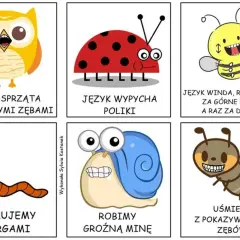 Zestaw kart do ćwiczeń logopedycznych: sowa czyści zęby, biedronka wypycha policzki, pszczoła jeździ językiem, dżdżownica wibruje wargami, ślimak robi groźną minę, mrówka uśmiecha się z zębami.