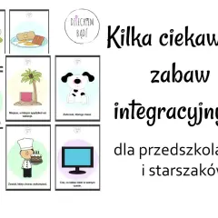 Ilustracje z samolotem, jedzeniem, żółwiem, palmą, psem, kucharzem i telewizorem.