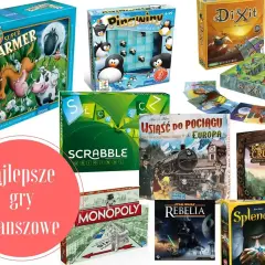 Kolaż pudełek z grami planszowymi dla dzieci: Super Farmer, Pingwiny na lodzie, Dixit, Scrabble, Wsiąść do pociągu, Robinson Crusoe, Rebelia, Splendor, Monopoly.
