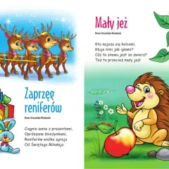 Ilustracja z reniferami ciągnącymi sanie z prezentami i małym jeżem z jabłkiem.
