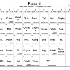 Plan lekcji klasy 8 z podziałem na dni tygodnia i godziny.