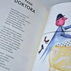 Ilustracja z wierszem o butach i postacią w kapeluszu niosącą je na kiju.