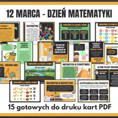 Ilustracja przedstawia kolaż kart z zadaniami i informacjami o matematyce, z hasłem "12 MARCA - DZIEŃ MATEMATYKI".