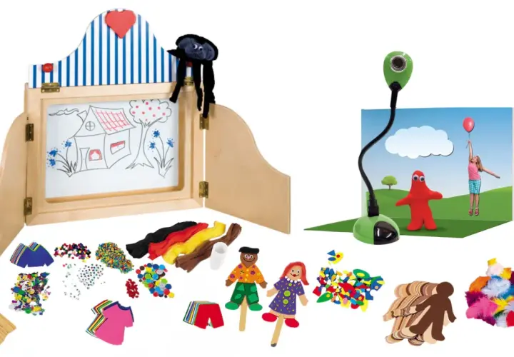 Zestaw do animacji poklatkowej: teatrzyk, kamera, figurki, materiały plastyczne.