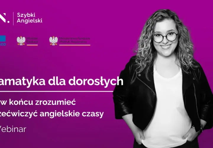 Uśmiechnięta kobieta w okularach i skórzanej kurtce na tle purpurowym z napisem "Gramatyka dla dorosłych".