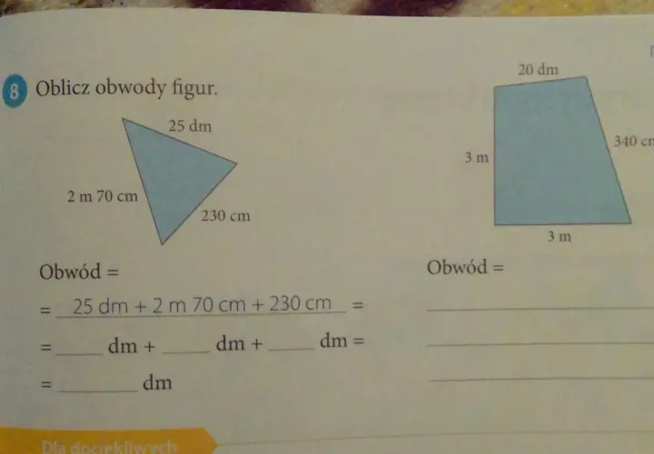 Trójkąt i trapez z podanymi długościami boków do obliczenia obwodu.