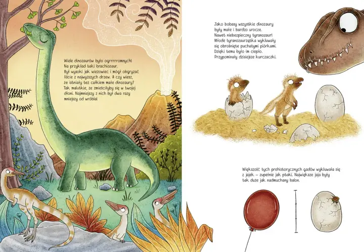 Ilustracja przedstawia zielonego brachiozaura jedzącego liście, małe dinozaury wykluwające się z jajek i dorosłego tyranozaura.
