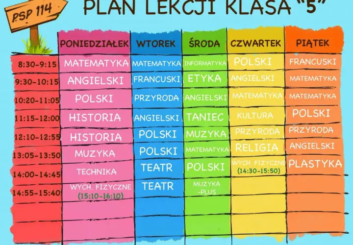 Kolorowy plan lekcji dla klasy 5 z przedmiotami i godzinami.