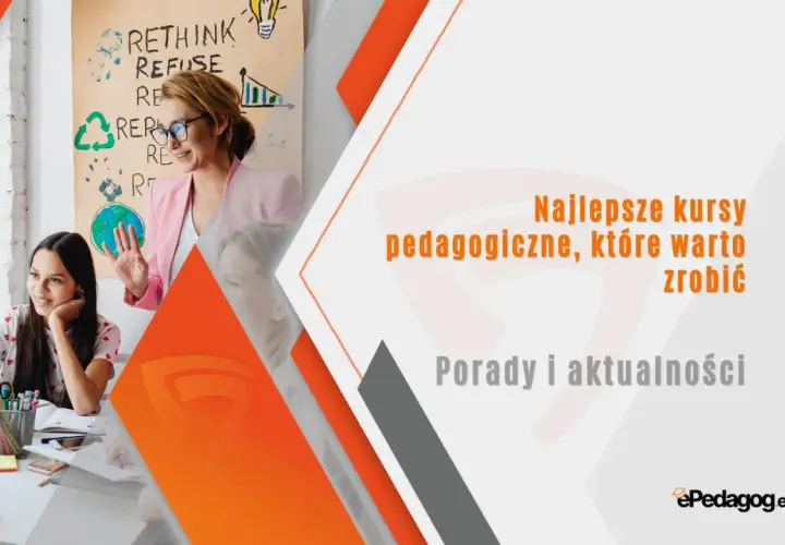 Nauczycielka w różowej marynarce i uczennica przy biurku, obok tablica z napisem "Rethink".