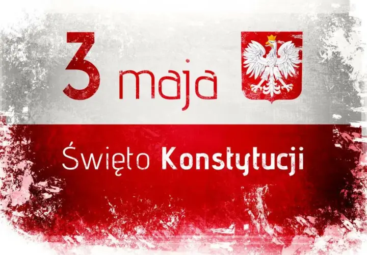 Grafika z napisem "3 maja Święto Konstytucji" i godłem Polski.