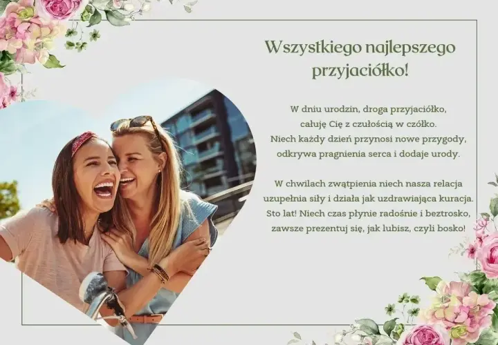 Dwie uśmiechnięte przyjaciółki obejmują się na tle miasta, ozdobione kwiatami.