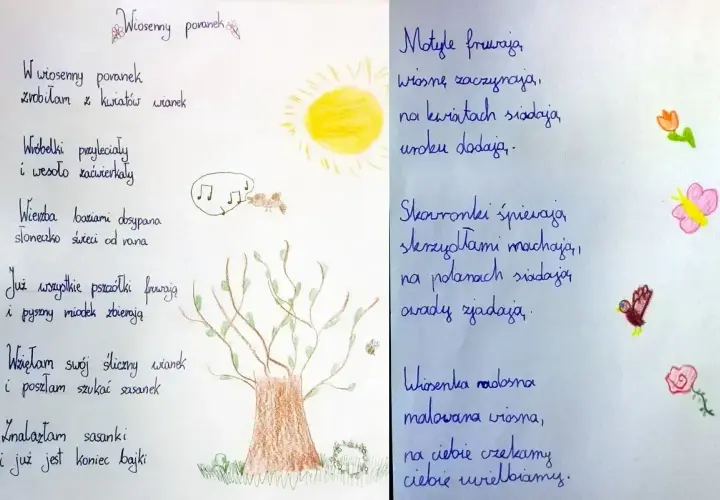 Ręcznie pisany wiersz o wiośnie z rysunkami drzewa, słońca, ptaków i motyli.