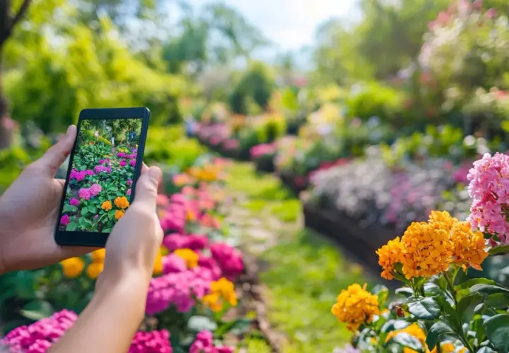 Dłonie trzymające smartfon fotografujący kolorowy ogród pełen kwiatów.