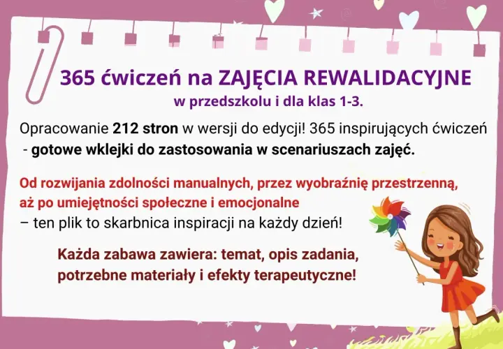 Dziewczynka z tęczowym wiatraczkiem na tle tekstu o ćwiczeniach rewalidacyjnych.