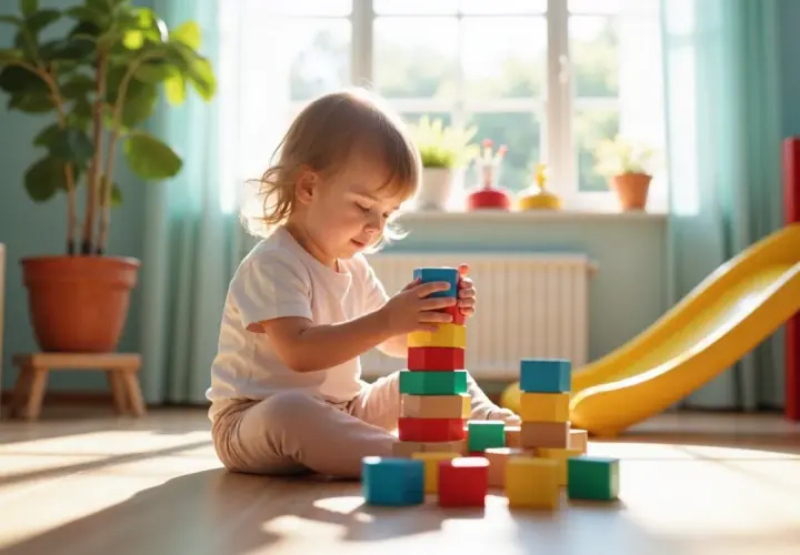 Małe dziecko buduje wieżę z kolorowych klocków na podłodze w pokoju zabaw.
