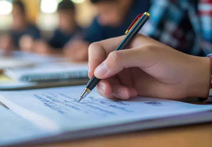 Dłoń pisząca długopisem po kartce papieru w zeszycie, w tle niewyraźne sylwetki uczniów.
