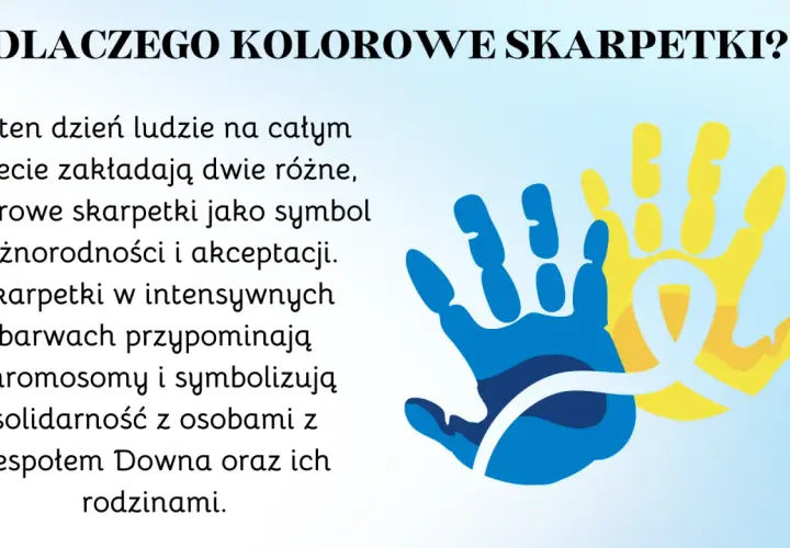 Dwie dłonie, niebieska i żółta, symbolizujące różnorodność i akceptację, z białą wstążką.