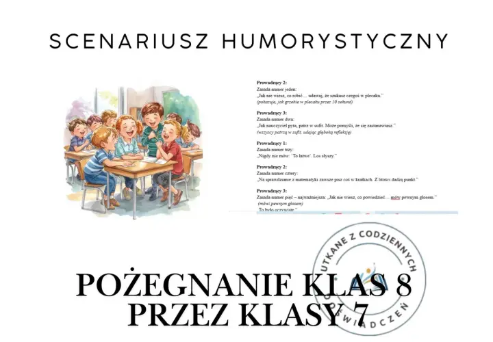 Wesołe pożegnanie klas 8 scenariusz: dzieci śmieją się na lekcji, przygotowując się do humorystycznego przedstawienia.