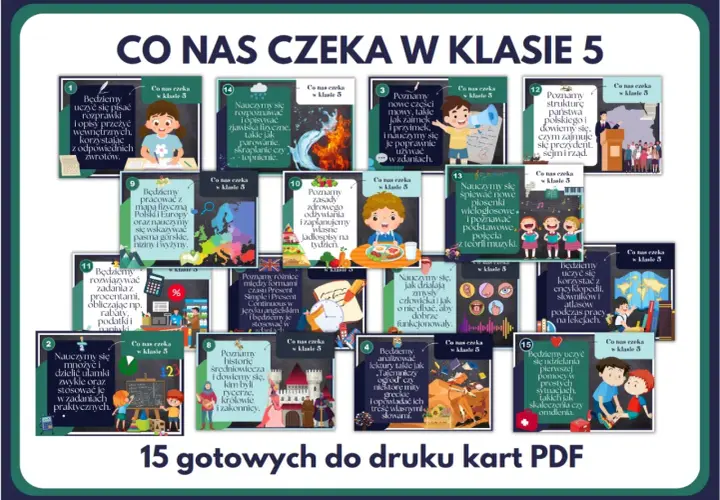 Ilustracja przedstawia kolaż z 15 kart edukacyjnych z numerami, ilustracjami i krótkimi opisami tematów lekcji w 5 klasie.