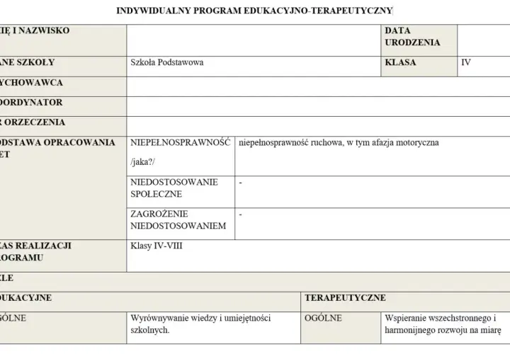 Dokument IPET: indywidualny program edukacyjno-terapeutyczny dla ucznia z niepełnosprawnością ruchową i afazją motoryczną.