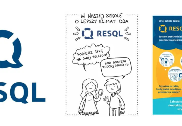 Logo RESQL i rysunki dzieci, jedno z telefonem, drugie z chmurką dialogową.