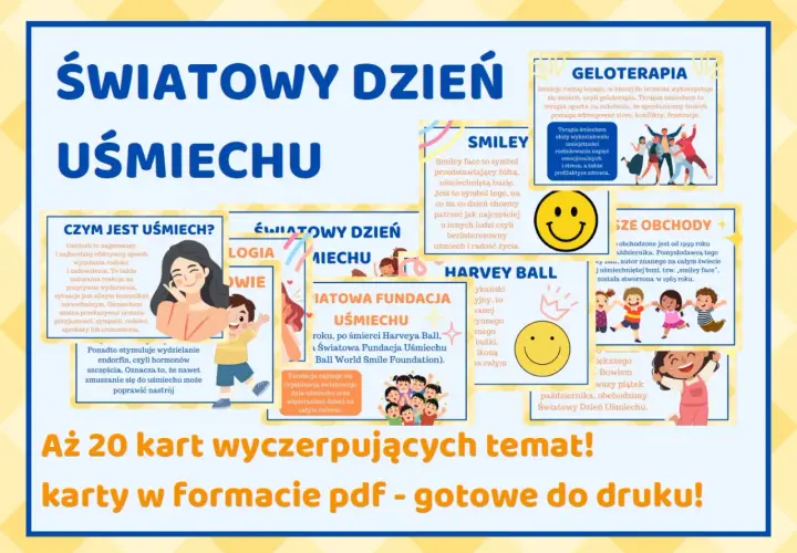 Ilustracja z tekstem "Światowy Dzień Uśmiechu" i grafikami przedstawiającymi uśmiechnięte osoby i symbole uśmiechu.