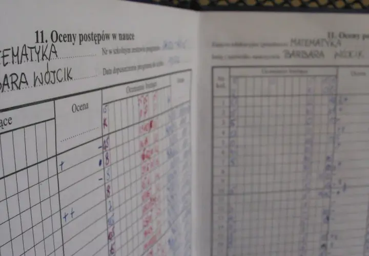Widok dziennika lekcyjnego z wpisanymi ocenami z matematyki dla Barbary Wójcik.