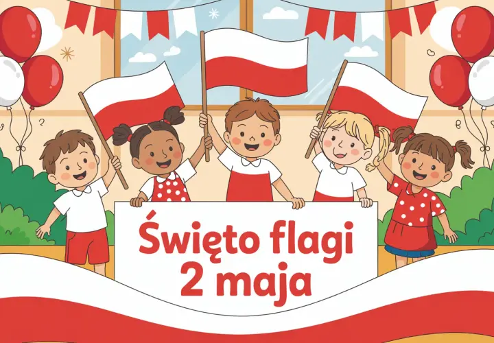 Dzieci świętują Dzień Flagi, trzymając polskie flagi i balony. Radosna atmosfera towarzyszy temu ważnemu dniu.
