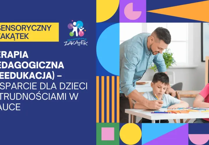 Nauczyciel pomaga dziecku w nauce przy biurku, na tle kolorowych kształtów geometrycznych.
