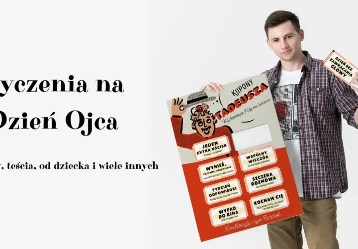 Mężczyzna trzymający kupony na Dzień Ojca z napisem "Życzenia na Dzień Ojca".
