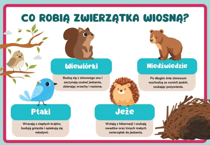 Ilustracja przedstawia zwierzęta budzące się wiosną: wiewiórkę, niedźwiedzia, ptaki i jeża.