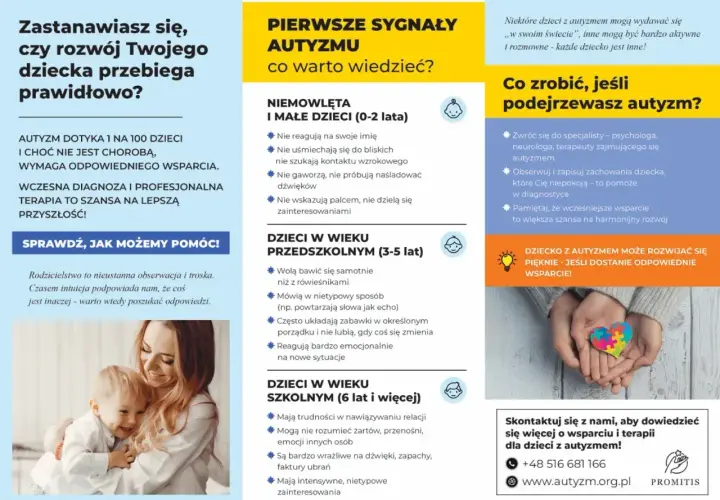 Uśmiechnięta matka trzyma na rękach dziecko, w tle fragmenty tekstu o autyzmie.