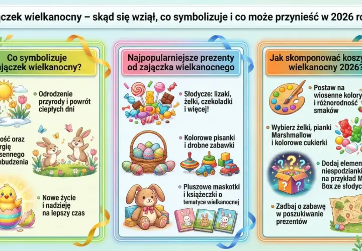 Ilustracja przedstawia trzy kolumny z informacjami o zajączku wielkanocnym: jego symbolikę, popularne prezenty i jak skomponować koszyczek.