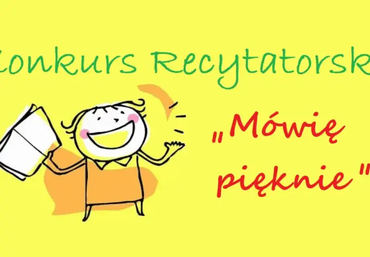 Radosny rysunek dziecka z książką zapowiada konkurs recytatorski dla dzieci "Mówię pięknie".