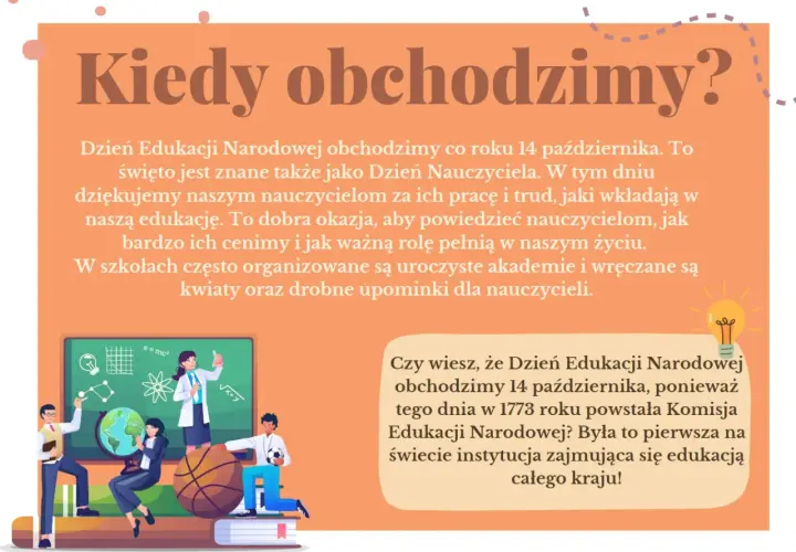Ilustracja z okazji Dnia Edukacji Narodowej: uczniowie i nauczyciele przy tablicy z wzorami naukowymi, globusem i piłką.