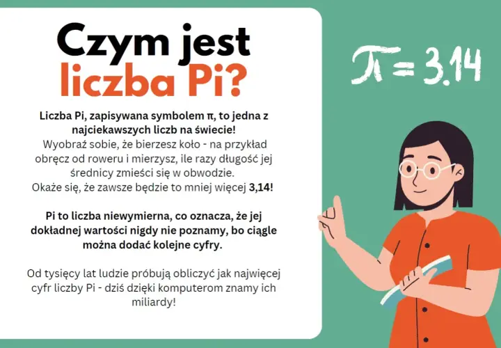 Ilustracja przedstawia kobietę w okularach wskazującą na symbol Pi=3.14 i tekst o liczbie Pi.