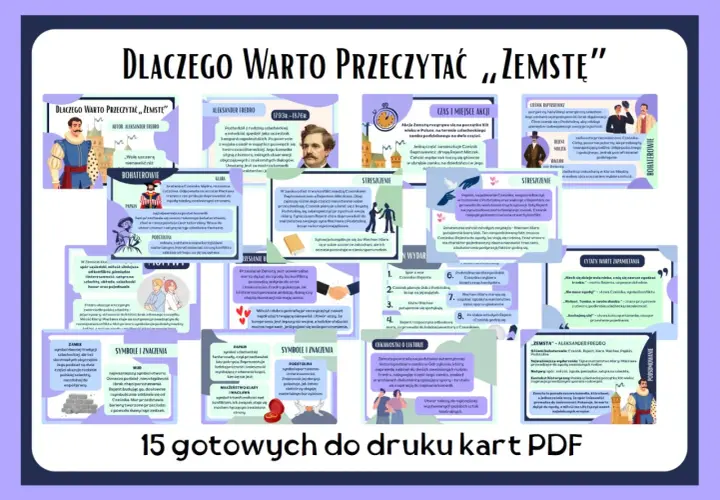 Ilustracja przedstawia schemat analizy dramatu "Zemsta" Aleksandra Fredry z podziałem na bohaterów, streszczenie, symbole i znaczenia.